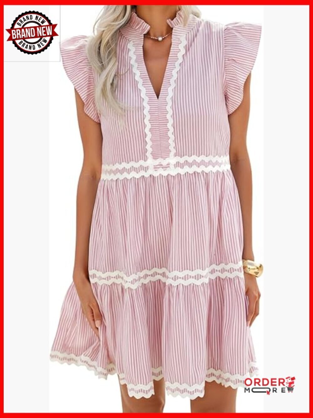 Women's Summer Mini Dress V-Neck Flutter Sleeve Striped Ruffle A-Line